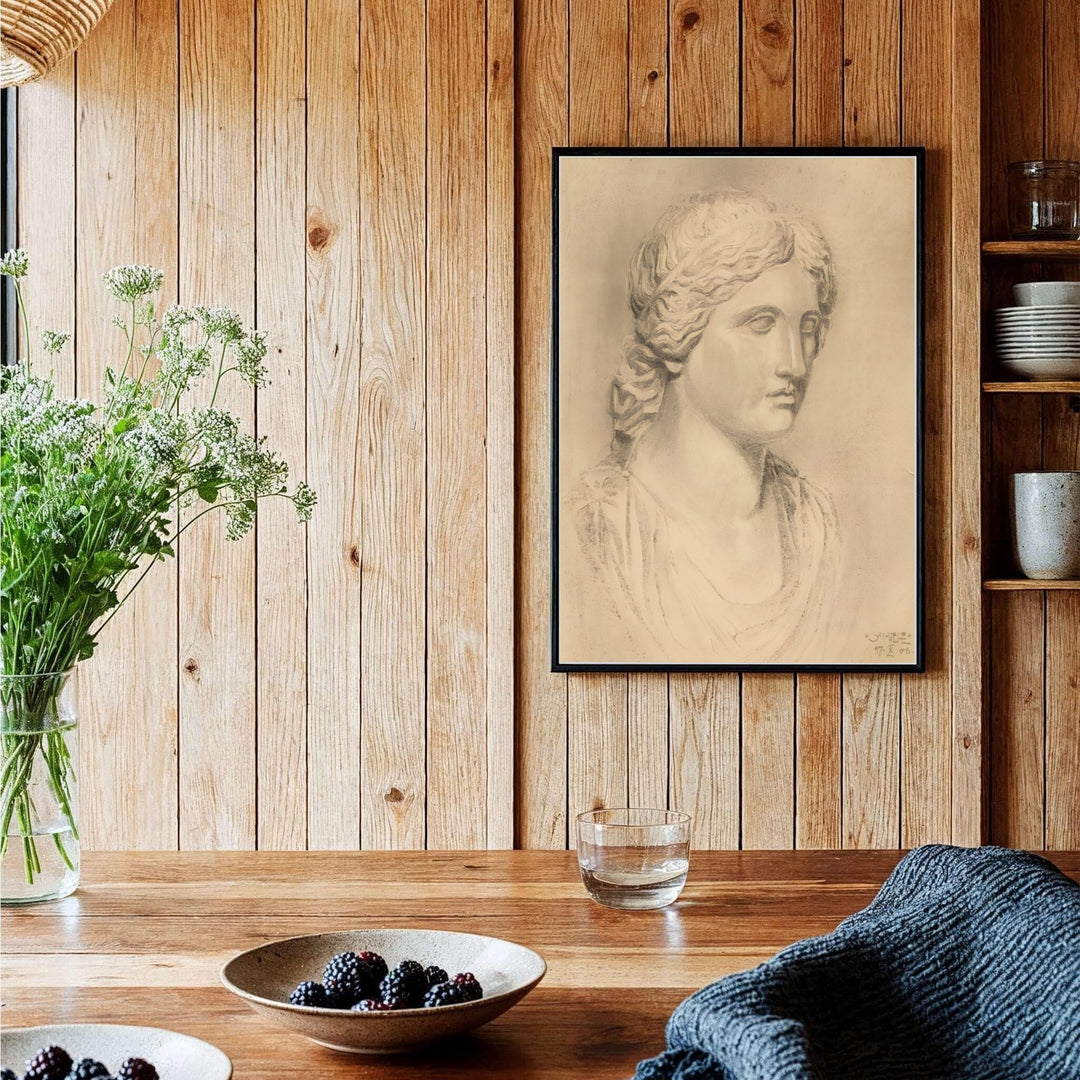 Fine art giclée drawing poster of Egon Schiele Antique Bust 1906 preserved in Leopold Museum Vienna with warm neutral parchment hues. MapYourDreams offers versatile framed wall art, unframed poster prints, and stretched canvas choices for complete room decoration projects.