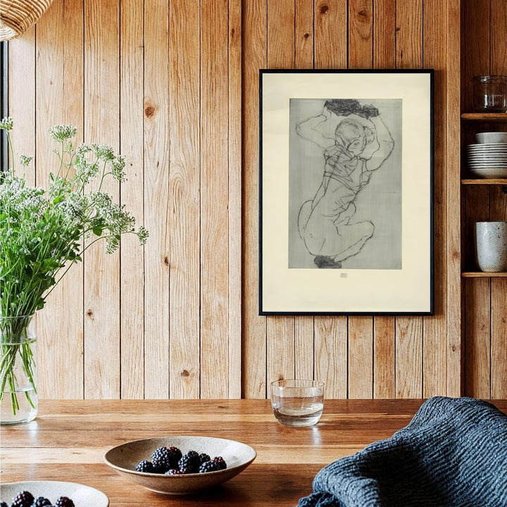 Authentic 1914 etching poster of Egon Schiele Crouching Female Nude at Leopold Museum Vienna with dramatic shading and signature details. Order custom framed prints, unframed paper wall poster art, or gallery canvas options from MapYourDreams to elevate your favorite interior space.