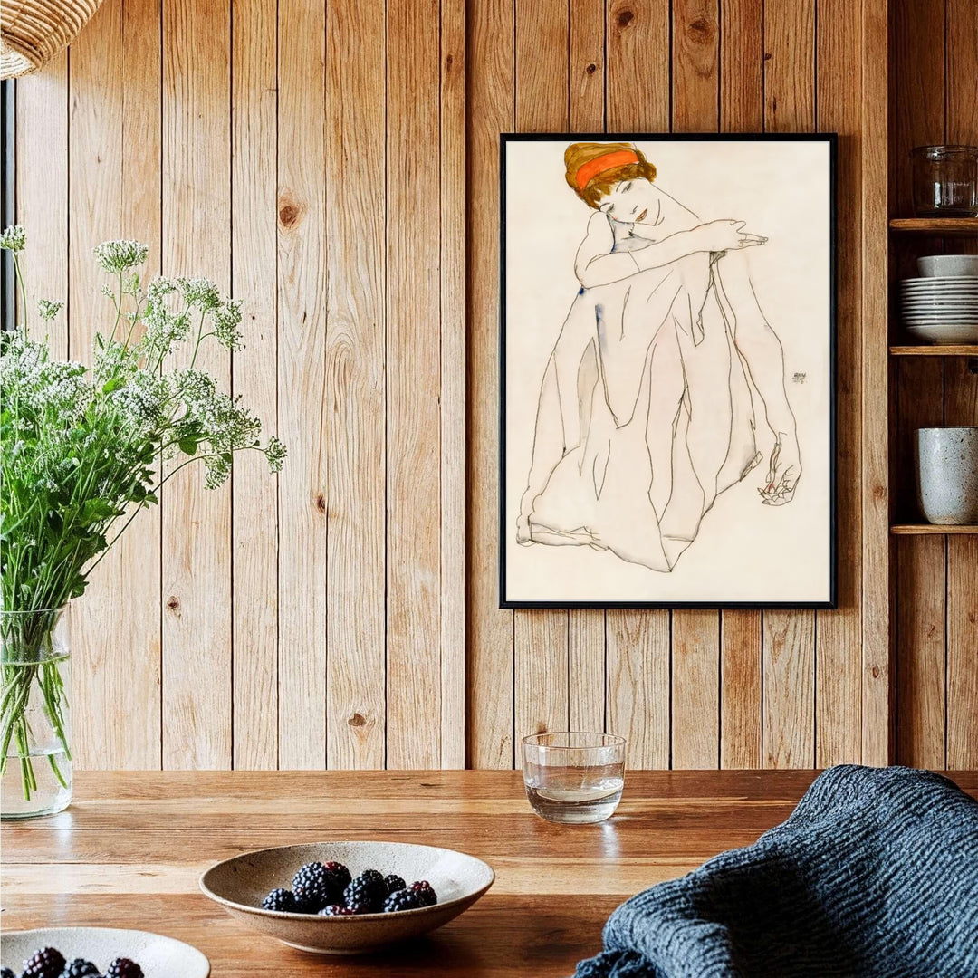 Early 20th century avant-garde print of Egon Schiele Dancer Tanzerin 1913 located in Albertina Museum Vienna featuring graceful figure contours. Discover custom framed prints, unframed poster options, and stretched canvas wall decor at MapYourDreams for sophisticated home art displays.