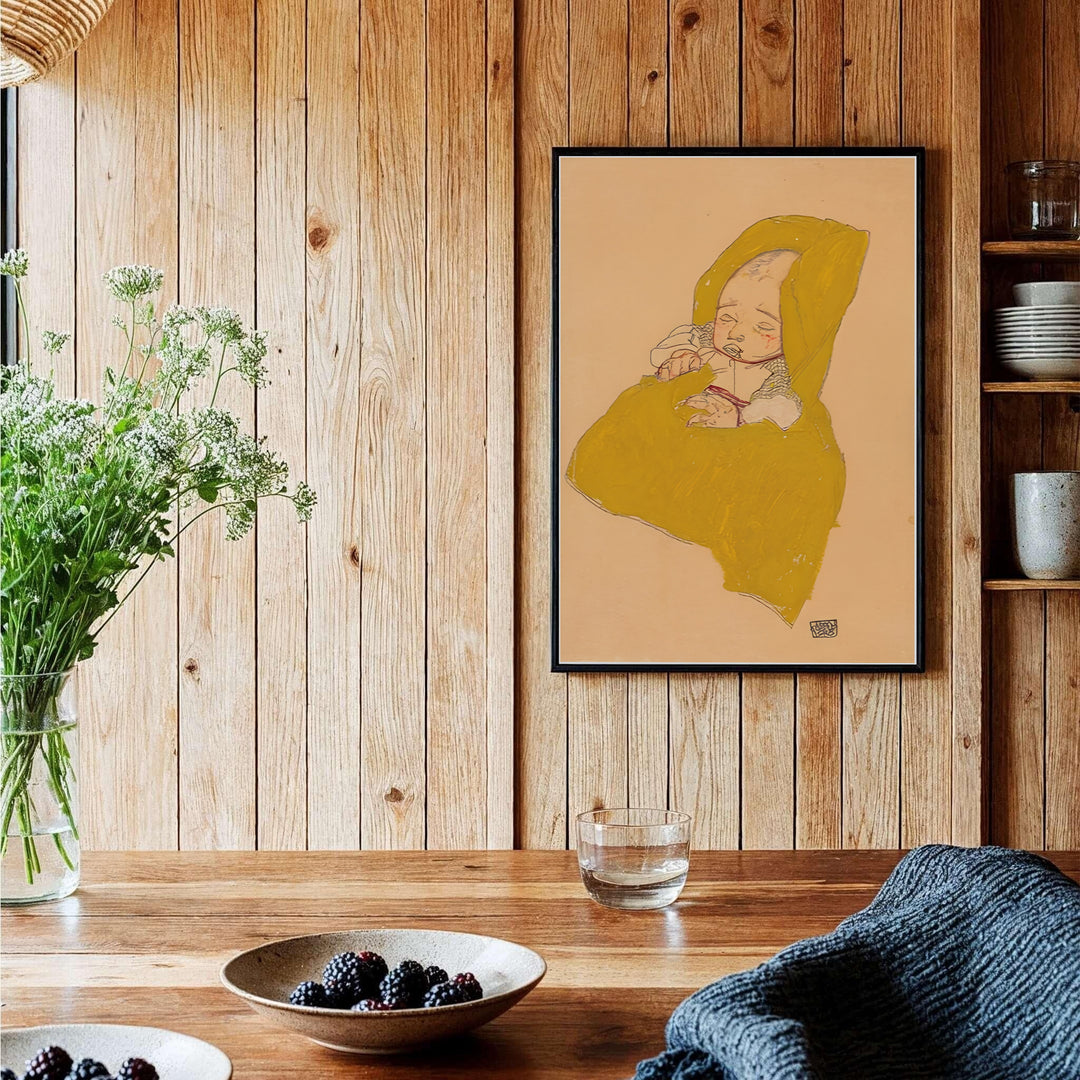 Early 20th century avant-garde print of Egon Schiele Infant On A Changing Pad 1915 located in Leopold Museum Vienna featuring gentle figure contours. Discover custom framed prints, unframed poster options, and stretched canvas wall decor at MapYourDreams for sophisticated home art displays.