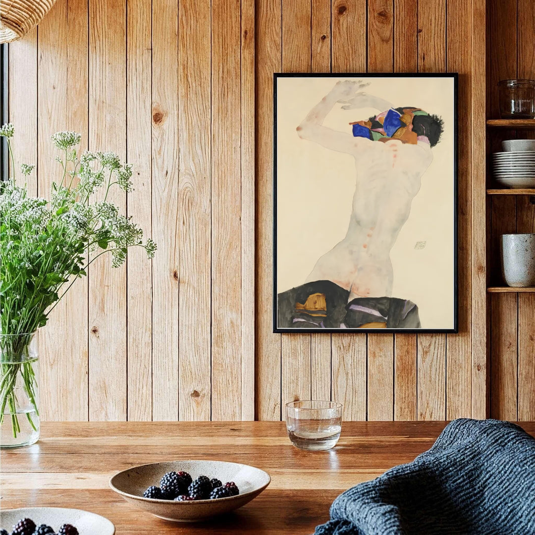 Classic Austrian Expressionism figure print of Egon Schiele Nude With Colorful Cloth 1911 from Leopold Museum Vienna demonstrating master watercolor draughtsmanship. Shop high-definition framed prints, unframed paper posters, and stretched canvas options directly at MapYourDreams online store today.