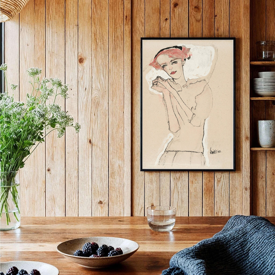 Authentic 1910 sketch poster of Egon Schiele Portrait Of A Woman from Wiener Werkstätte in Vienna Austria with delicate blush tones. Order custom framed prints, unframed paper wall poster art, or gallery canvas options from MapYourDreams to elevate your favorite interior space.