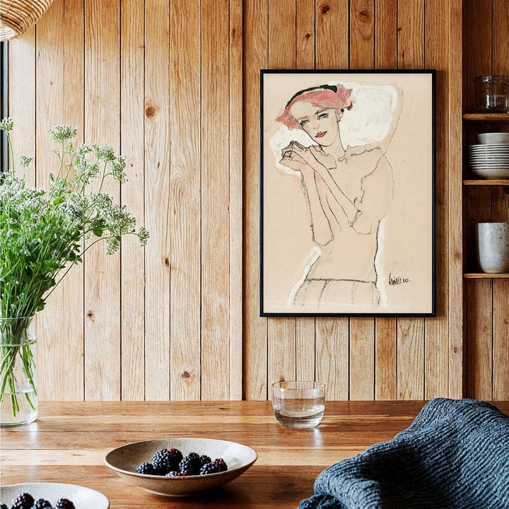 Authentic 1910 sketch poster of Egon Schiele Portrait Of A Woman from Wiener Werkstätte in Vienna Austria with delicate blush tones. Order custom framed prints, unframed paper wall poster art, or gallery canvas options from MapYourDreams to elevate your favorite interior space.