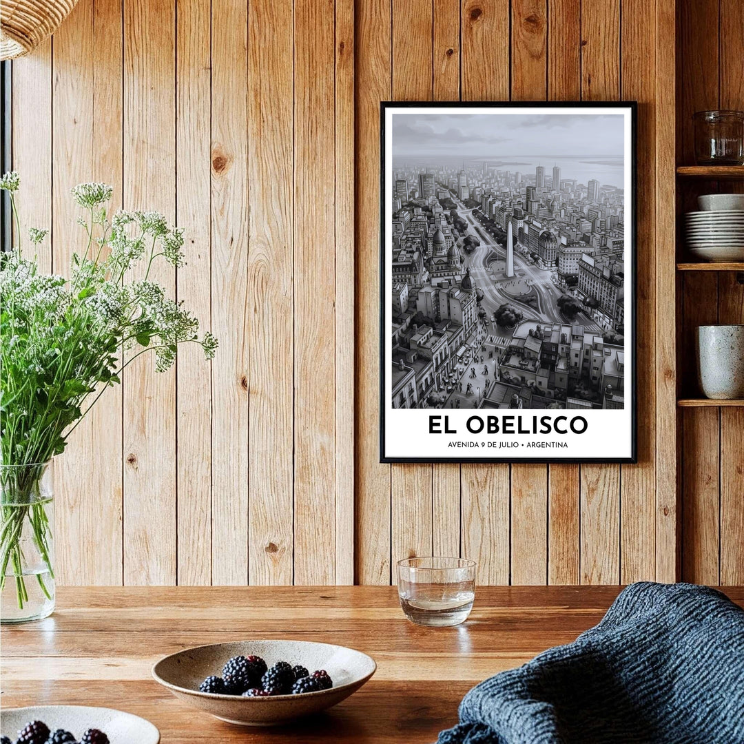 Dramatic urban travel print of El Obelisco in Argentina designed for executive office and contemporary apartment decor. A signature piece from MapYourDreams, this artwork comes ready for display as unframed paper, framed art, or stretched canvas.