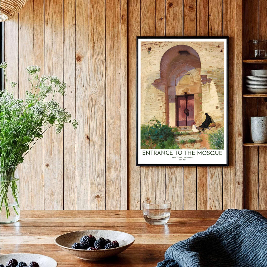 Symmetrical impressionist oil painting print of historic Entrance to the Mosque by Panos Terlemezian showing vaulted archway details. Curated by MapYourDreams, this artwork is available in flexible options including unframed paper, custom wooden frames, and gallery canvas wraps tailored for interior design.