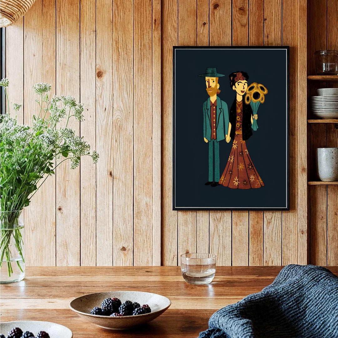 Historic artist double portrait reproduction of Frida Kahlo And Van Gogh Couple 1939 captured in Coyoacán, Mexico City. MapYourDreams features high-quality framed wall decor, unframed poster prints, and stretched canvas formats ideal for bedroom and office art displays.
