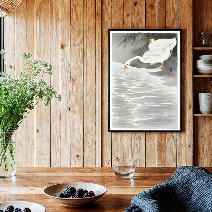 Ethereal 1900 1930 Japanese Shin-hanga waterfowl poster of Ohara Koson geese artwork referencing Tokyo art history. Order custom framed, unframed paper, or textured canvas print options from MapYourDreams.