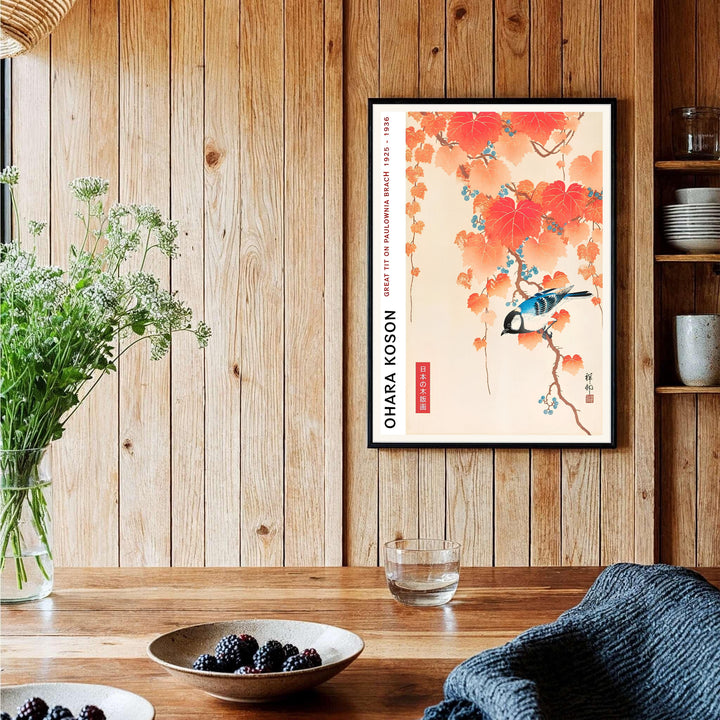 Dynamic 1925 1936 Japanese Shin-hanga bird poster of Ohara Koson songbird artwork by artist Ohara Koson referencing Tokyo art history. Order custom framed, unframed paper, or textured canvas print options from MapYourDreams.