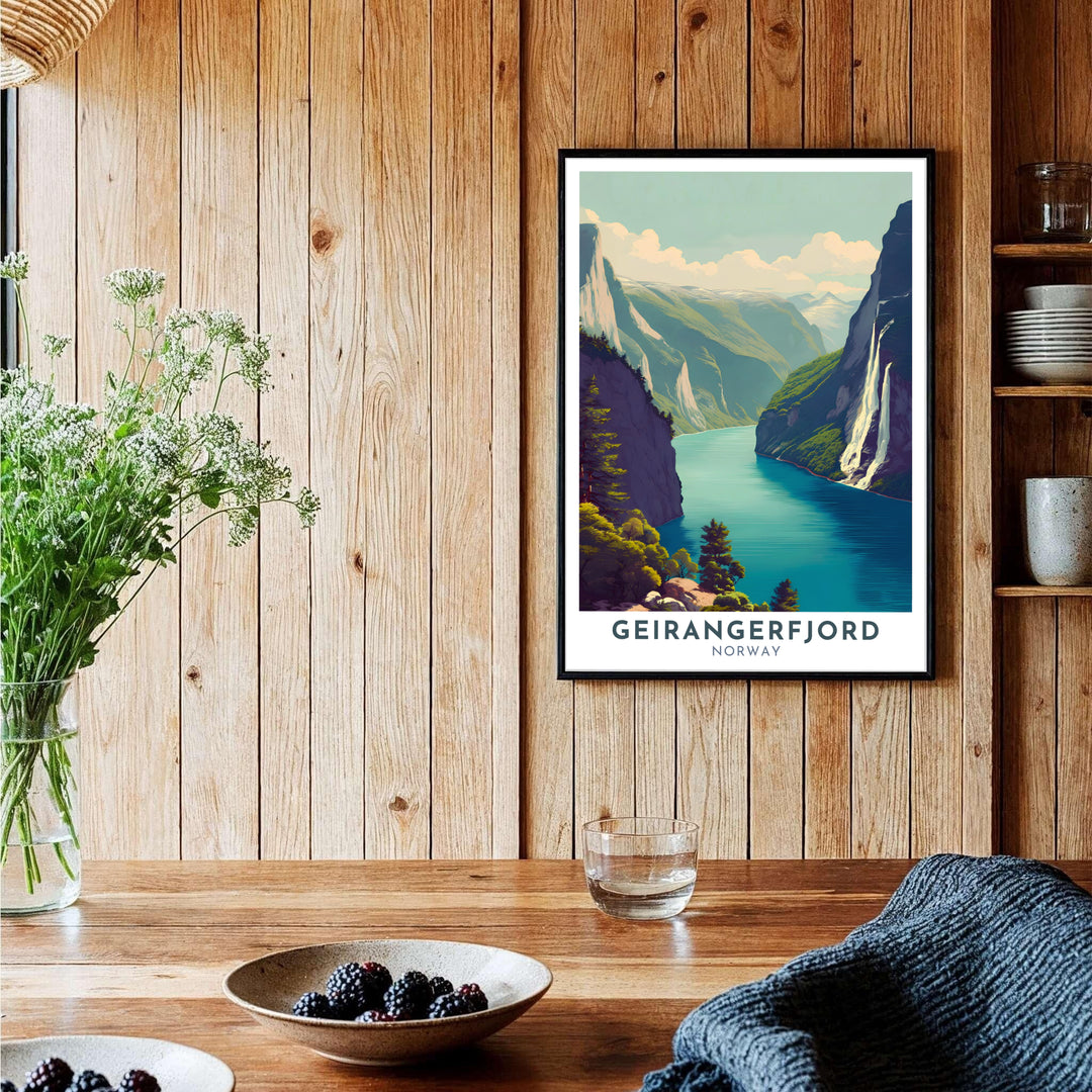 Vintage style mountain fjord poster featuring bold typography for Geirangerfjord Norway with cascading waterfalls and pine trees along the shoreline. Ideal for modern rustic interiors, choose from custom framed presentations, unframed fine paper prints, or gallery wrapped canvas options to finish your wall decor.