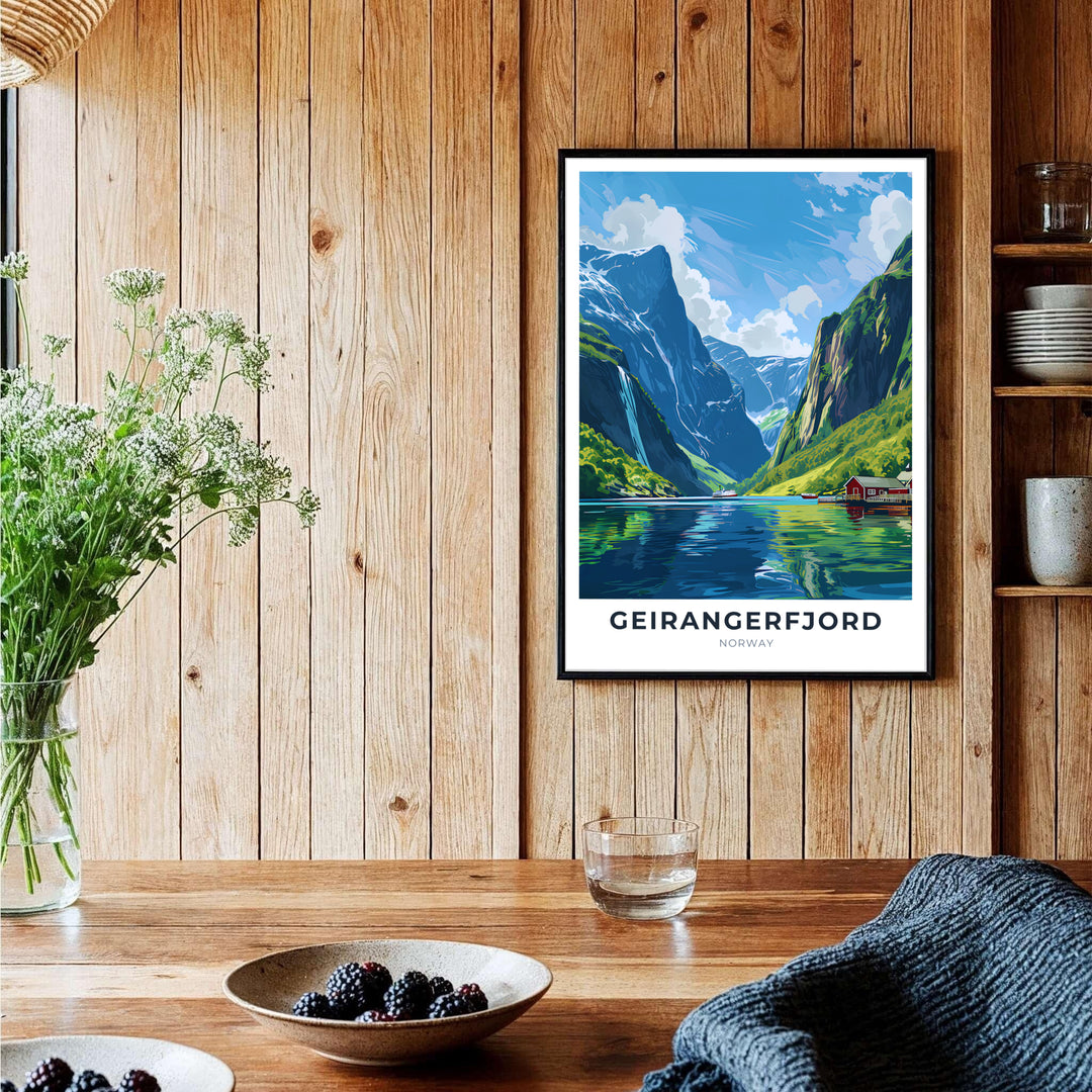 Modern Scandinavian travel poster featuring bold typography for Geirangerfjord Norway with a cruise ship and steep mountain waterfall landscape. Perfect for minimalist room layouts, choose from custom framed presentation options, unframed fine art paper prints, or premium canvas wraps to complete your gallery wall.