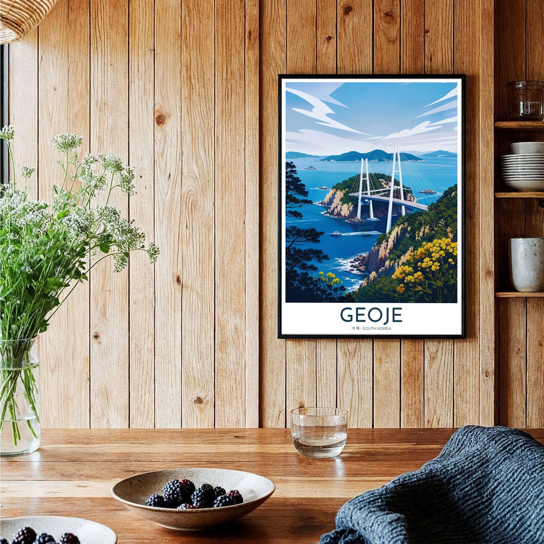 Expressive vector wall decor illustrating the engineering beauty of Geoga Bridge in Geoje, South Korea, connecting coastal islands amidst dramatic sea cliffs and flora. Offered by MapYourDreams, this artwork is available in flexible options including unframed paper, custom wooden frames, and gallery canvas wraps.