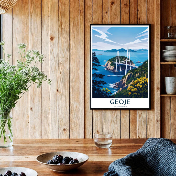 Expressive vector wall decor illustrating the engineering beauty of Geoga Bridge in Geoje, South Korea, connecting coastal islands amidst dramatic sea cliffs and flora. Offered by MapYourDreams, this artwork is available in flexible options including unframed paper, custom wooden frames, and gallery canvas wraps.