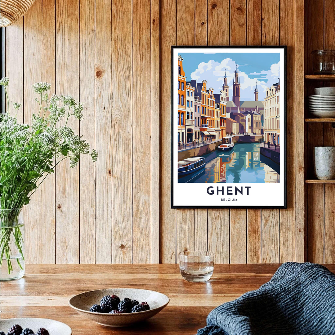 Beautiful European destination art poster depicting the historic waterfront of Ghent, Belgium. Offered by MapYourDreams, this artwork is available in flexible options including unframed paper, custom wooden frames, and gallery canvas wraps.