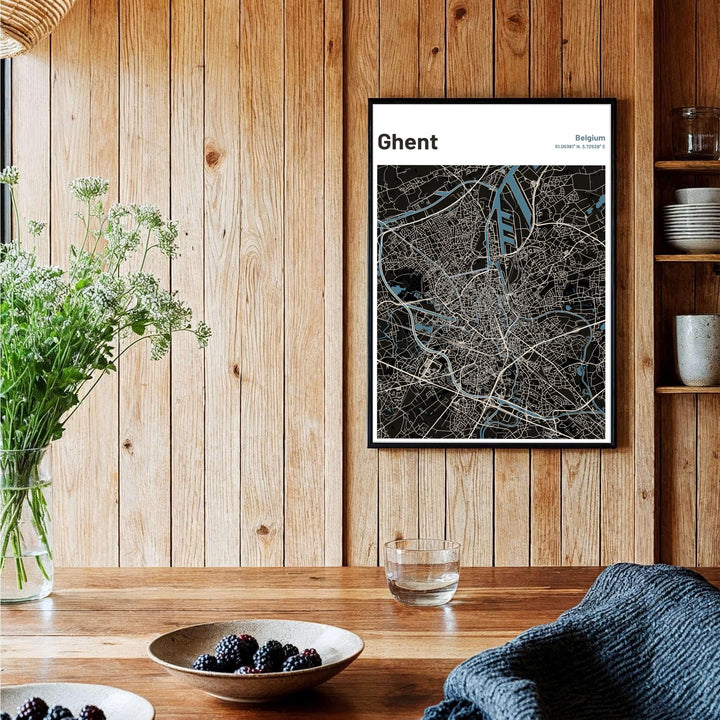 Graphic city map print featuring crisp grey street lines and blue river channels in Ghent, Belgium. Choose your preferred finish from standalone unframed matte paper, custom decorative frames, or ready-to-hang gallery canvas options.