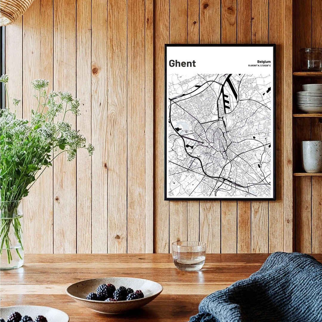 Elegant black and white street map print highlighting the canals and roads across Ghent, Belgium. Offered by MapYourDreams, this artwork is available in flexible options including unframed paper, custom wooden frames, and gallery canvas wraps.