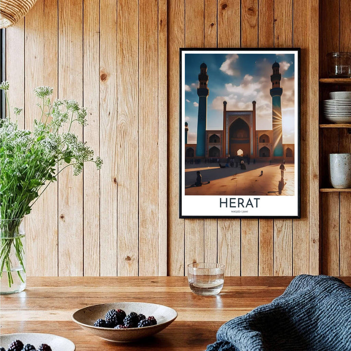 Symmetrical travel photo print of historic Great Mosque of Herat showing blue tiled minarets and courtyard plaza. Curated by MapYourDreams, this artwork is available in flexible options including unframed paper, custom wooden frames, and gallery canvas wraps tailored for interior design.