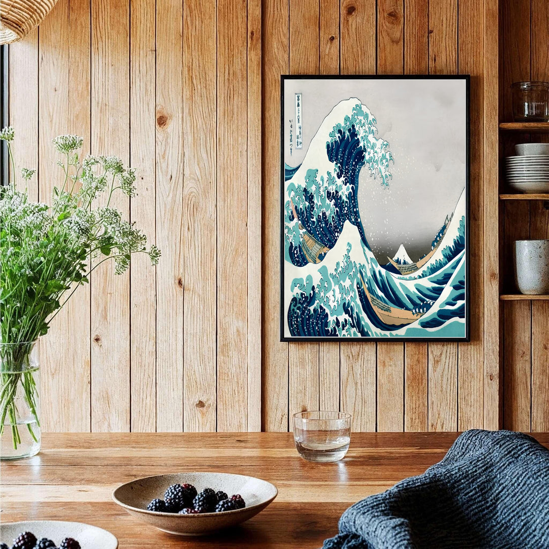 Authentic Japanese Ukiyo-e wave poster of Hokusai Great Wave artwork by artist Katsushika Hokusai referencing Kanagawa coastal scenery. Order custom framed, unframed paper, or textured canvas print options from MapYourDreams.