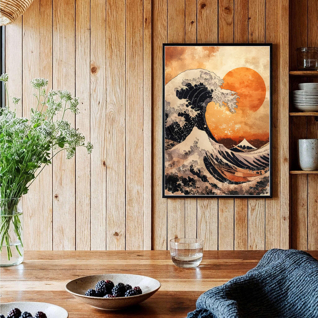 Authentic Japanese Ukiyo-e sunset wave poster of Hokusai Great Wave artwork by artist Katsushika Hokusai referencing Kanagawa coastal scenery. Order custom framed, unframed paper, or textured canvas print options from MapYourDreams.