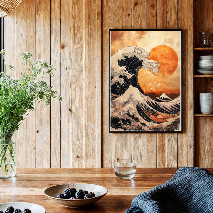 Authentic Japanese Ukiyo-e sunset wave poster of Hokusai Great Wave artwork by artist Katsushika Hokusai referencing Kanagawa coastal scenery. Order custom framed, unframed paper, or textured canvas print options from MapYourDreams.