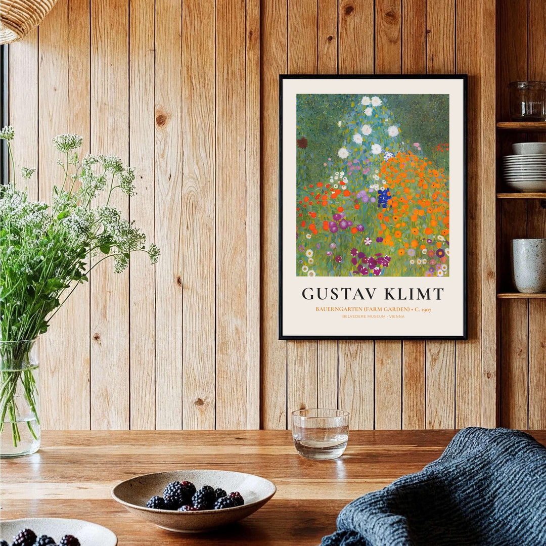 Authentic Austrian master view poster of Gustav Klimt Bauerngarten Farm Garden 1907 showing lush garden scenery from the Belvedere Museum in Vienna, Austria. Order custom framed prints, unframed paper wall art, or gallery canvas options from MapYourDreams to transform your dining area.