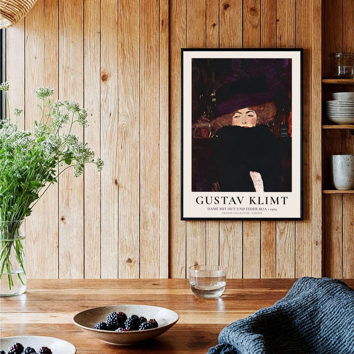 Historical museum exhibition poster of Gustav Klimt Dame Mit Hut Und Federboa 1909 illustrating famous Expressionist brushwork from a Private Collection in Europe. MapYourDreams delivers archival framed wall art, unframed paper poster prints, and gallery canvas wall decor designed to enhance entryways.