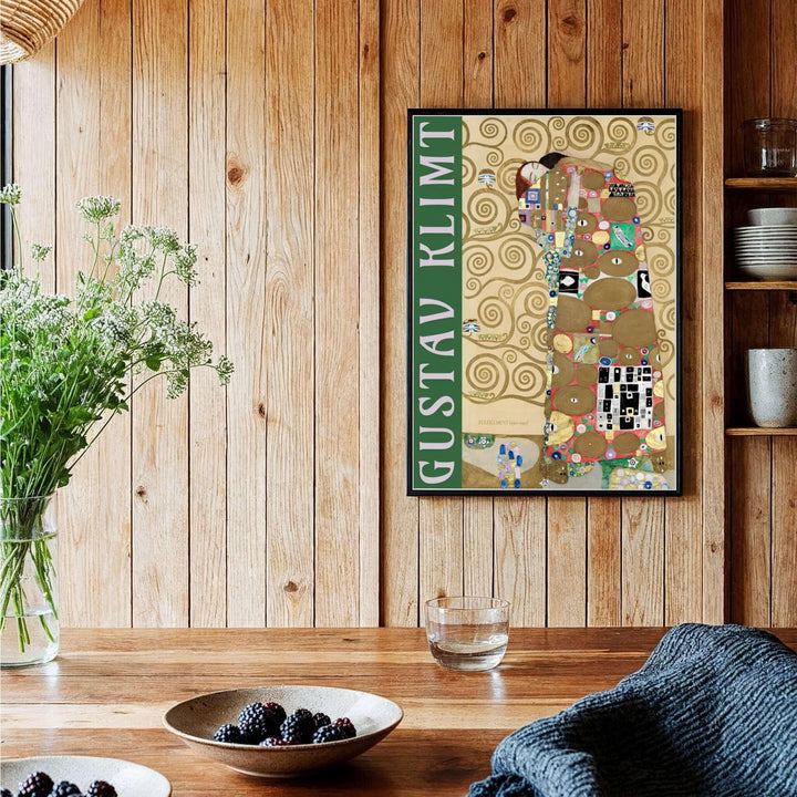 Sophisticated golden mosaic canvas poster of Gustav Klimt Fulfillment Die Erfullung 1909 depicting historic European art from the Stoclet Palace in Brussels Belgium. MapYourDreams offers versatile framed wall art, unframed poster prints, and stretched canvas choices for art collectors.
