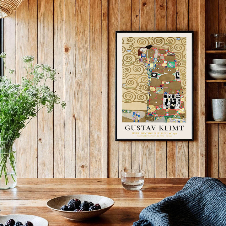 Sophisticated golden mosaic canvas poster of Gustav Klimt Fulfillment Die Erfüllung 1909 featuring historic artwork from the Palais Stoclet in Brussels Belgium. MapYourDreams offers versatile framed wall art, unframed poster prints, and stretched canvas choices for art collection displays.