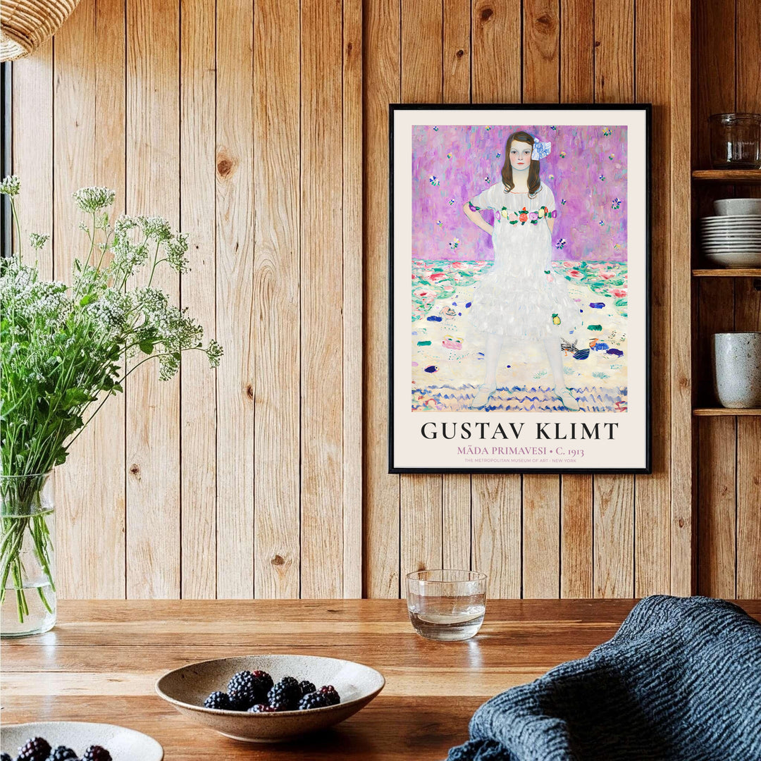 Expressionist young girl portrait poster print of Gustav Klimt Mada Primavesi 1913 from The Metropolitan Museum of Art in New York with cream border text. Shop high-definition framed prints, unframed paper posters, and stretched canvas options directly at MapYourDreams today.