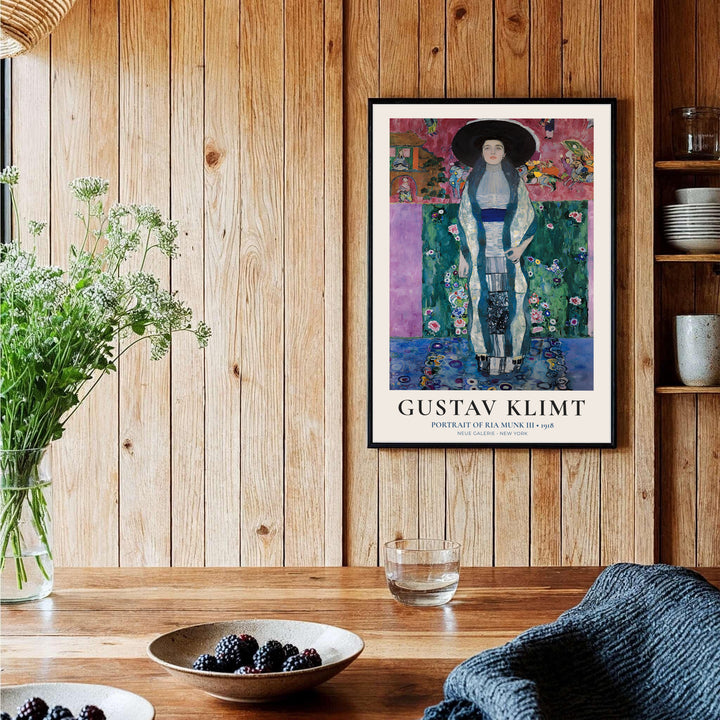 Luminous floral portrait canvas poster of Gustav Klimt Portrait Of Ria Munk III 1918 featuring late masterwork painting from Neue Galerie New York. MapYourDreams offers versatile framed wall art, unframed poster prints, and stretched canvas choices for gallery collection displays.