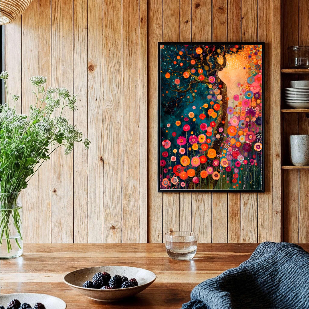 Luminous jewel-tone nature canvas poster of Gustav Klimt Style Dream Of Flowers featuring shimmering golden accents and deep teal skies. MapYourDreams offers versatile framed wall art, unframed poster prints, and stretched canvas choices for complete room decoration collections.