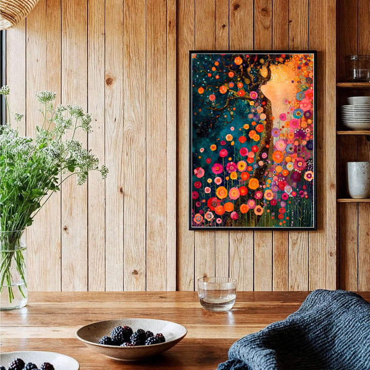 Luminous jewel-tone nature canvas poster of Gustav Klimt Style Dream Of Flowers featuring shimmering golden accents and deep teal skies. MapYourDreams offers versatile framed wall art, unframed poster prints, and stretched canvas choices for complete room decoration collections.