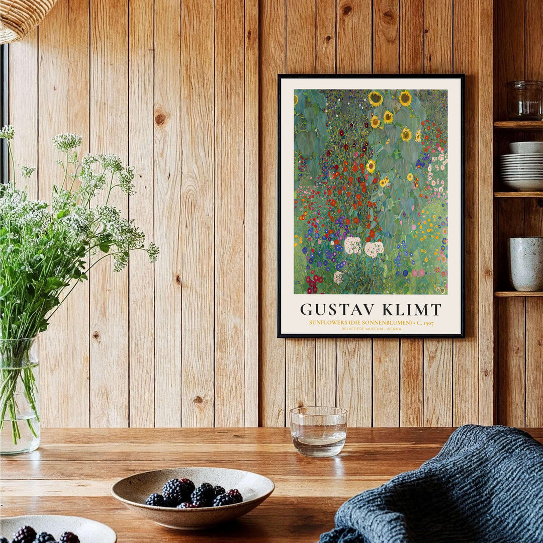 Giclée reproduction museum poster of Gustav Klimt Sunflowers Die Sonnenblumen 1907 hanging in Belvedere Museum Vienna with rich earth tones. MapYourDreams offers versatile framed wall art, unframed poster prints, and stretched canvas choices for complete room renovation projects.