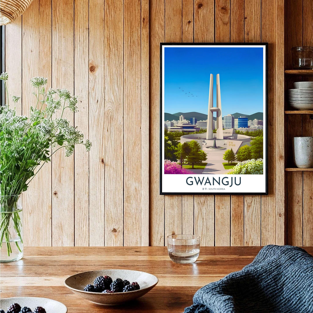 Sophisticated city art piece illustrating the May 18 Memorial Tower in Gwangju, South Korea, blending modern structural design with lush park greenery and colorful flower beds. Offered by MapYourDreams, this artwork is available in flexible options including unframed paper, custom wooden frames, and gallery canvas wraps.