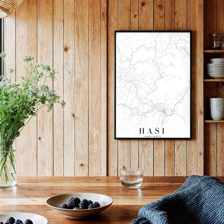 A sophisticated black and white geographical map of Krumë and Has District, Albania, framed by clean borders and sharp serif text. Available across multiple formats including unframed paper, tailored wooden frames, and gallery-wrapped canvas options.