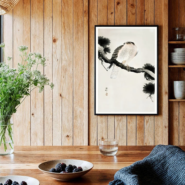 Regal 1900 1930 Japanese Shin-hanga raptor poster of Ohara Koson hawk artwork by artist Ohara Koson referencing Tokyo art history. Order custom framed, unframed paper, or textured canvas print options from MapYourDreams.