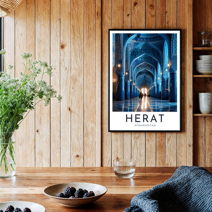 Elegant architectural poster of Herat Blue Mosque in Afghanistan featuring cerulean mosaic walls and clean typography, provided by MapYourDreams as an unframed print, ready to hang gallery canvas, or custom framed art print in pure gold frames for executive desk setups and reading rooms.