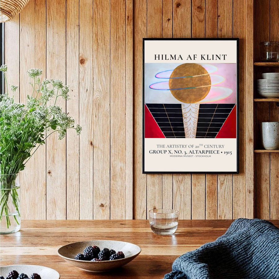 Highlighting the pioneering vision of abstract spiritualism celebrated at the Moderna Museet in Stockholm, this historic Hilma af Klint Group X No 3 Altarpiece decor piece serves as an arresting focal point. Offered by MapYourDreams, this artwork is available in flexible options including unframed paper, custom wooden frames, and gallery canvas wraps.