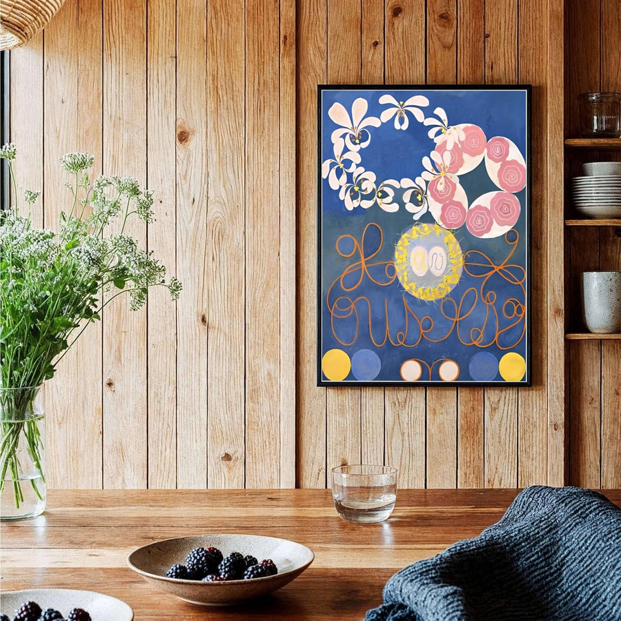 Highlighting the pioneering vision of abstract spiritualism celebrated in Stockholm galleries, this historic The Ten Largest No 1 Childhood 1907 decor piece by Hilma af Klint serves as a striking focal point. Offered by MapYourDreams, this artwork is available in flexible options including unframed paper, custom wooden frames, and gallery canvas wraps.