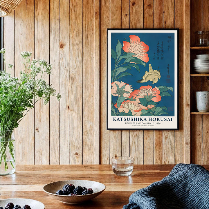 Authentic Japanese kacho-ga poster of Peonies and Canary artwork by artist Katsushika Hokusai referencing historic museum collections in Boston. Order custom framed, unframed paper, or textured canvas print options from MapYourDreams.