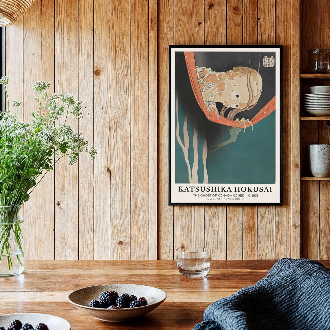 Authentic Japanese ghost poster of The Ghost of Kohada Koheiji artwork by artist Katsushika Hokusai referencing historic museum archives in Boston. Order custom framed, unframed paper, or textured canvas print options from MapYourDreams.