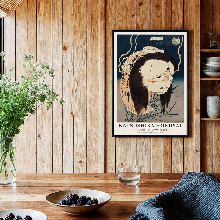 Authentic Japanese ghost poster of The Ghost of Oiwa artwork by artist Katsushika Hokusai referencing historic museum archives in Minneapolis. Order custom framed, unframed paper, or textured canvas print options from MapYourDreams.