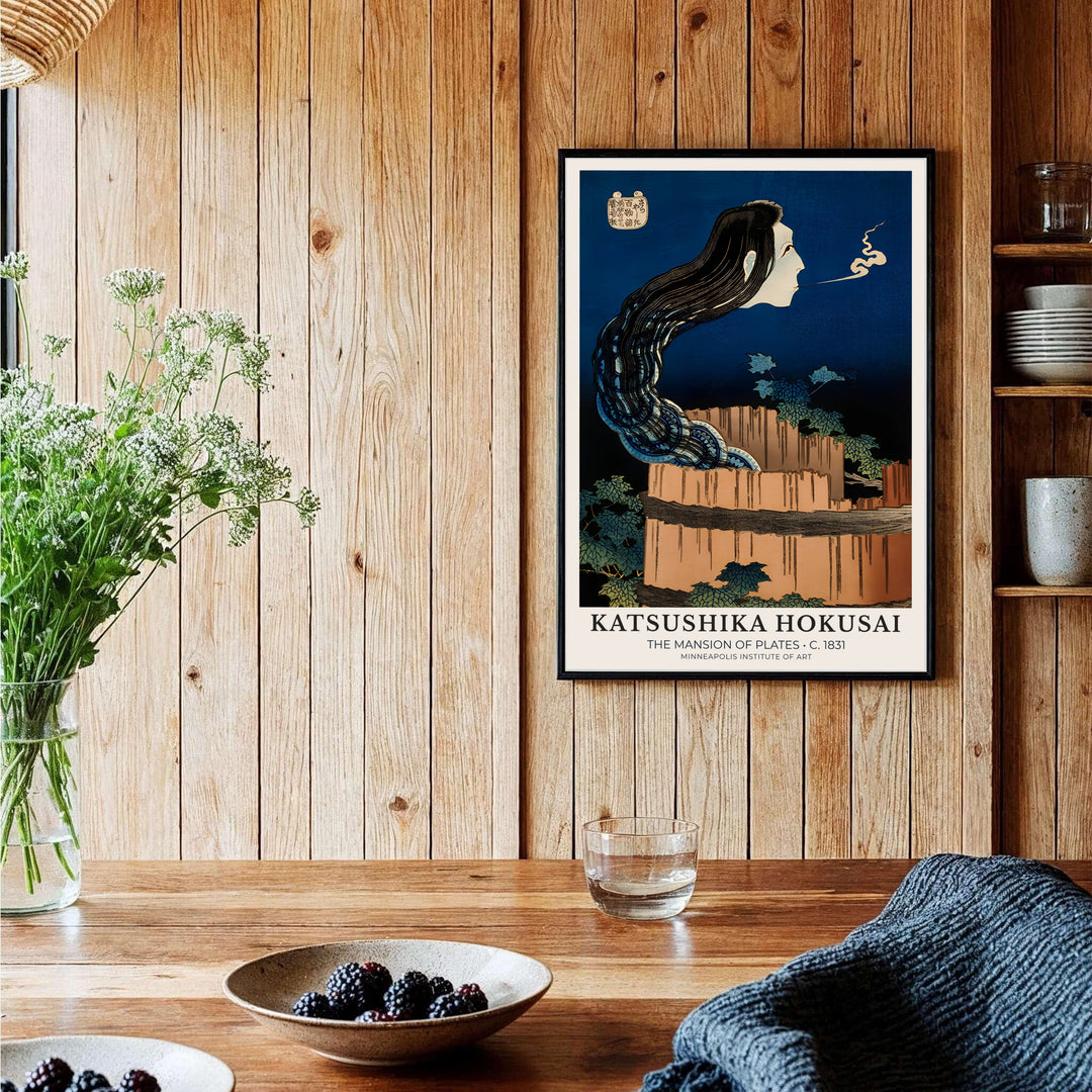Authentic Japanese ghost poster of The Mansion of Plates artwork by artist Katsushika Hokusai referencing historic museum archives in Minneapolis. Order custom framed, unframed paper, or textured canvas print options from MapYourDreams.