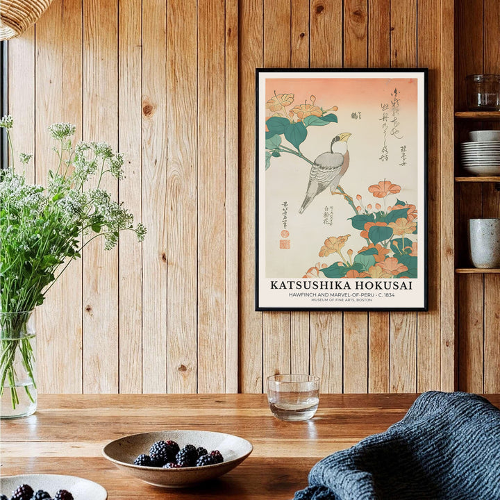 Authentic Japanese bird poster Hawfinch and Marvel-of-Peru artwork by artist Katsushika Hokusai referencing historic museum archives in Boston. Order custom framed, unframed paper, or textured canvas print options from MapYourDreams.