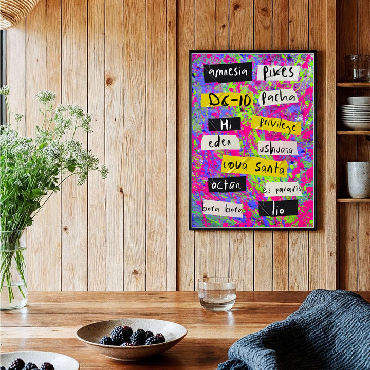 Abstract paint splatter music wall art featuring handwritten venue tags for Cova Santa and Octan in Ibiza, Spain, provided by MapYourDreams with options like unframed paper, gallery canvas, or custom frames in natural wood, pure gold, and retro white styles.