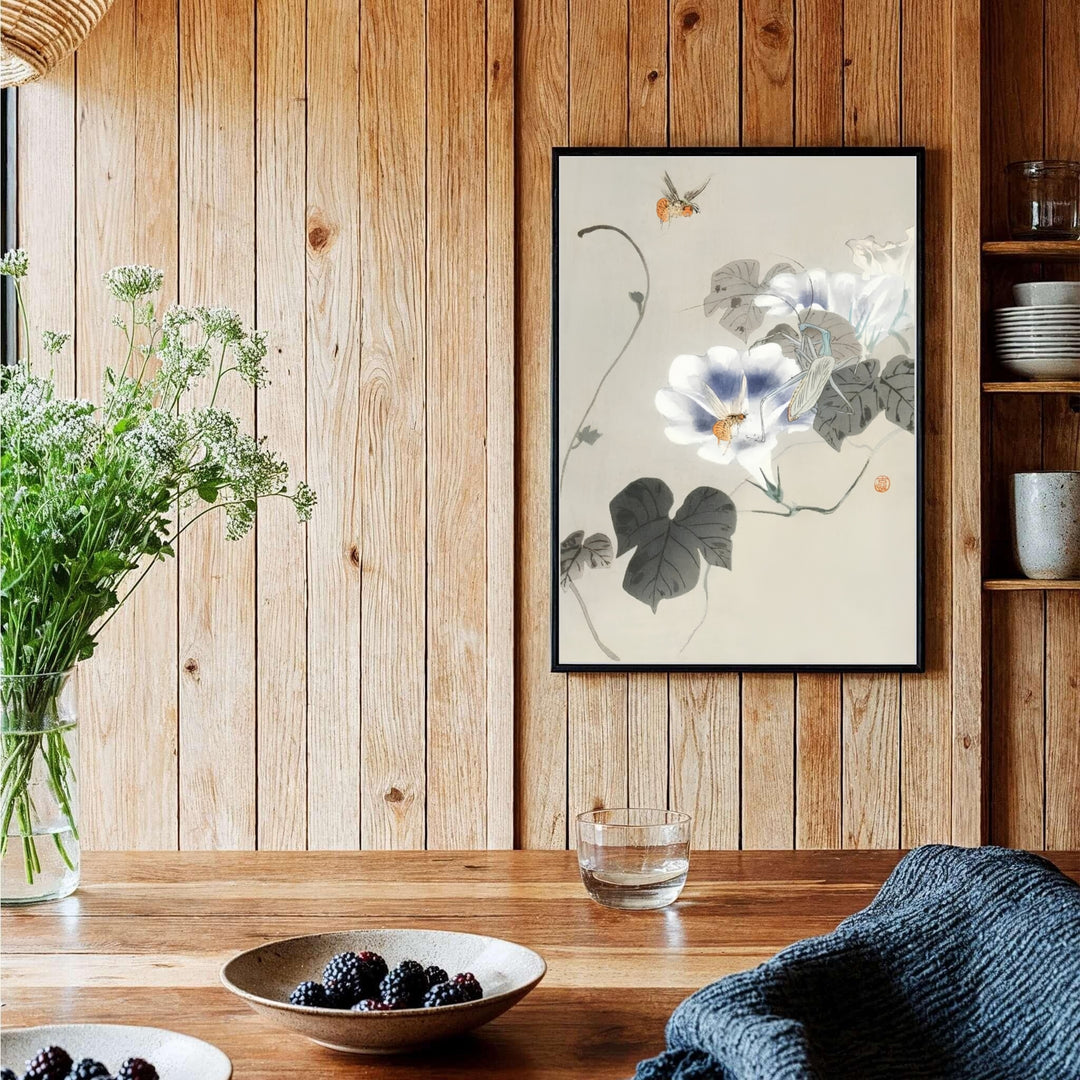Vintage 1900 1930 Japanese woodblock poster by artist Ohara Koson displaying a mantis on flowers reminiscent of Nara garden exhibitions. Shop high-definition framed, unframed, and canvas art print options at MapYourDreams.