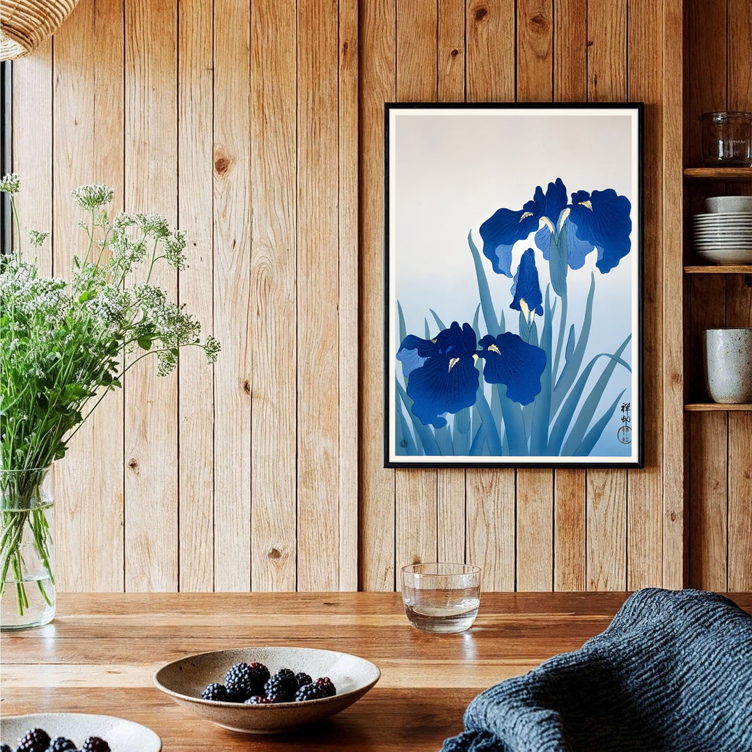 Serene Japanese Shin-hanga botanical poster of Ohara Koson blue iris artwork by artist Ohara Koson referencing Tokyo art history. Order custom framed, unframed paper, or textured canvas print options from MapYourDreams.