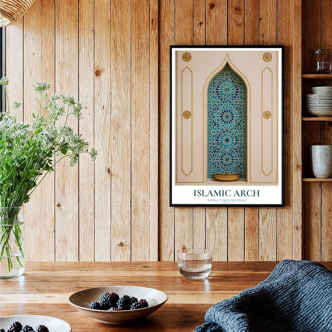 Symmetrical photography print of a historic Islamic arch niche with starburst turquoise mosaic tile paneling and brass fountain. Curated by MapYourDreams, this artwork is available in flexible options including unframed paper, custom wooden frames, and gallery canvas wraps tailored for interior design.