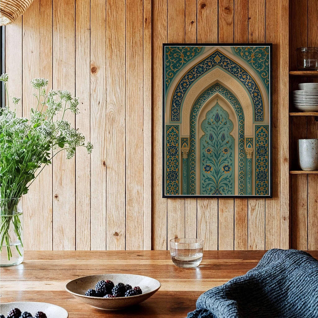 Symmetrical photography print of a historic Ottoman arch niche with stylized tulip floral paneling and carved plaster borders. Curated by MapYourDreams, this artwork is available in flexible options including unframed paper, custom wooden frames, and gallery canvas wraps tailored for interior design.