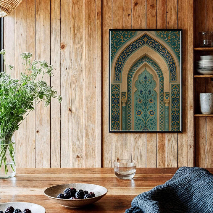 Symmetrical photography print of a historic Ottoman arch niche with stylized tulip floral paneling and carved plaster borders. Curated by MapYourDreams, this artwork is available in flexible options including unframed paper, custom wooden frames, and gallery canvas wraps tailored for interior design.