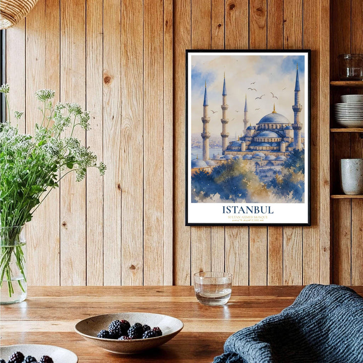 Symmetrical watercolor print of historic Blue Mosque in Istanbul Turkey showing vibrant blue domes and soft sky bleeds. Curated by MapYourDreams, this artwork is available in flexible options including unframed paper, custom wooden frames, and gallery canvas wraps tailored for interior design.